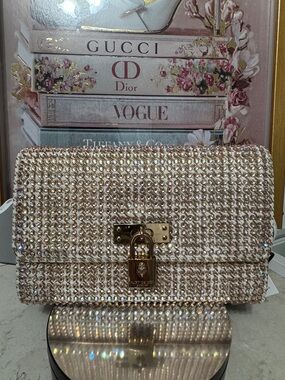 NWT Kurt Geiger Brixton tweed/beige crystal wallet on chain.